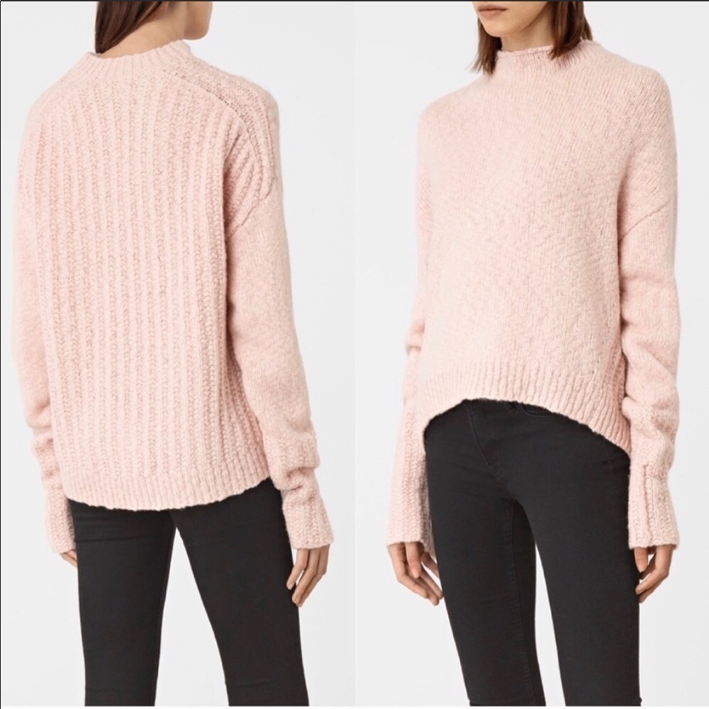 All Saints Popcorn Funnel Neck Pink Wool Sweater